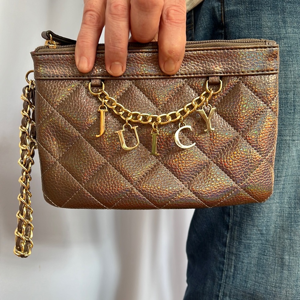 Iridescent/holographic gray-purple Juicy Couture wristlet